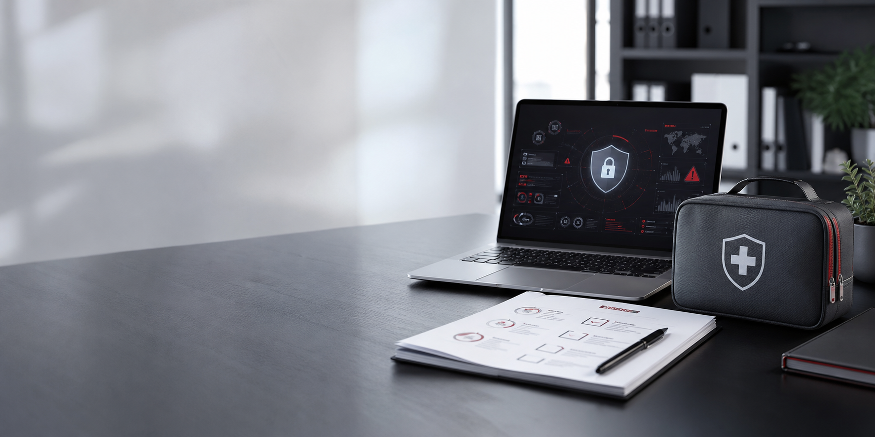 Security response workspace with a laptop, notebooks, and analysis tools.